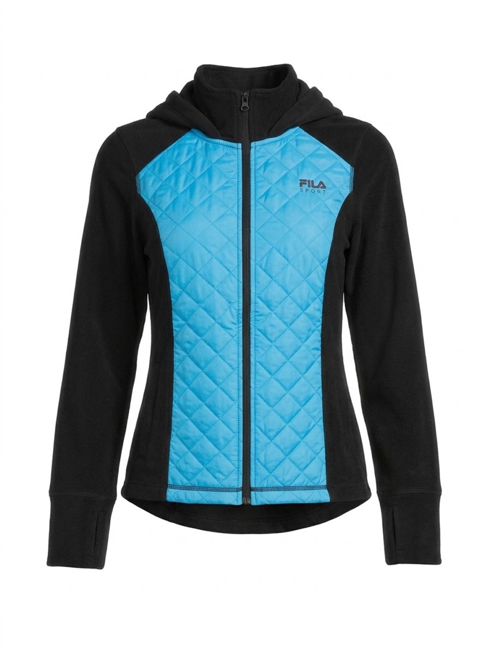 Fila Women's Black and Blue Quilted Hooded Jacket